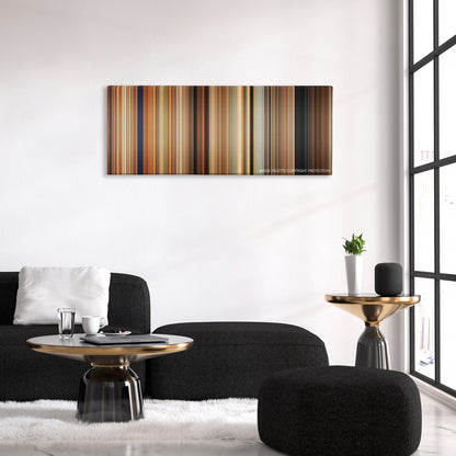 Killers color palette canvas above a black sofa with a gold-topped table