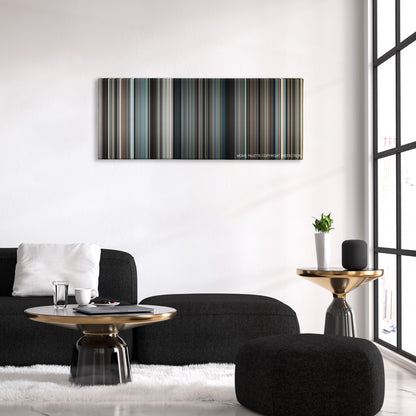 Concussion color palette canvas above a black sofa with a gold-topped table