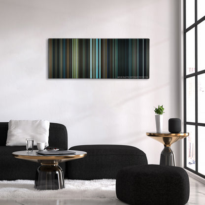 Harry Potter and the Prisoner of Azkaban color palette canvas above a black sofa with a gold-topped table