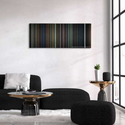 Harry Potter and the Goblet of Fire color palette canvas above a black sofa with a gold-topped table