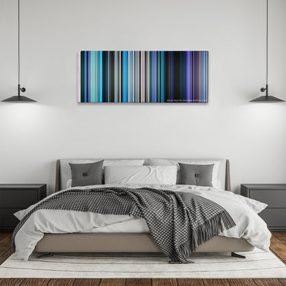 Finding Dory color palette canvas above a bed, between two black pendant lamps