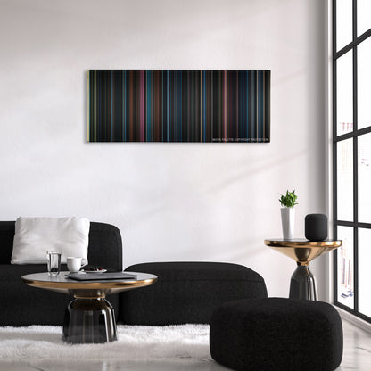 Harry Potter and the Order of the Phoenix color palette canvas above a black sofa with a gold-topped table