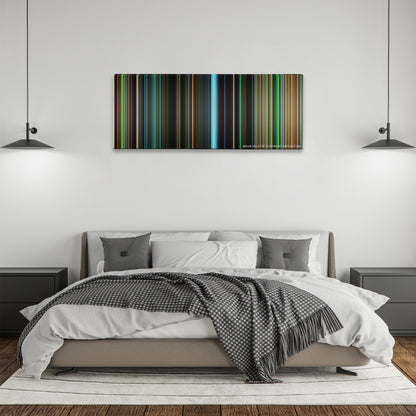 Warcraft color palette canvas above a bed, between two black pendant lamps
