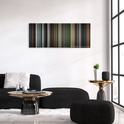 Elektra color palette canvas above a black sofa with a gold-topped table
