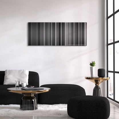 Schindler's List color palette canvas above a black sofa with a gold-topped table