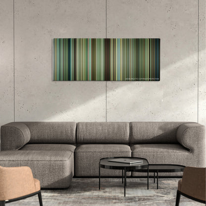 Be Kind Rewind color palette canvas on a concrete wall above a gray sectional sofa