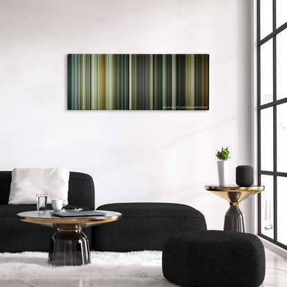 A Cure for Wellness color palette canvas above a black sofa with a gold-topped table