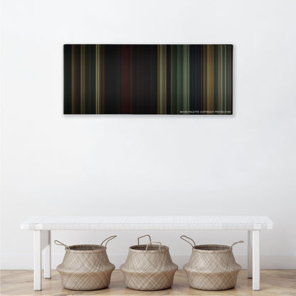 The Last of the Mohicans color palette canvas above a white bench with three woven baskets