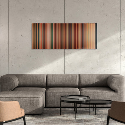 Machete color palette canvas on a concrete wall above a gray sectional sofa
