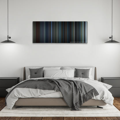 The Adjustment Bureau color palette canvas above a bed, between two black pendant lamps