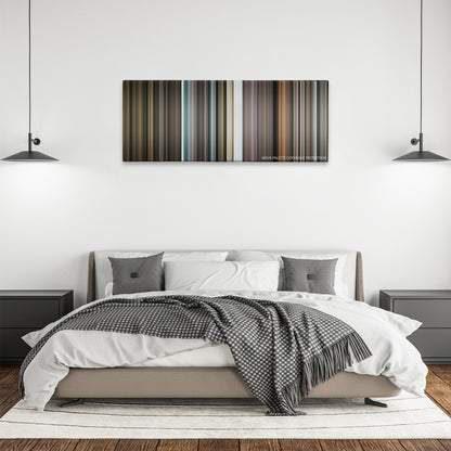 The Death of Stalin color palette canvas above a bed, between two black pendant lamps