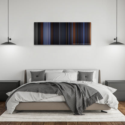 Van Helsing color palette canvas above a bed, between two black pendant lamps