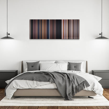 Blood Simple color palette canvas above a bed, between two black pendant lamps