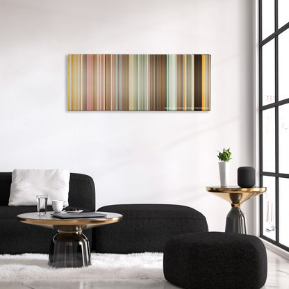 Disaster Movie color palette canvas above a black sofa with a gold-topped table