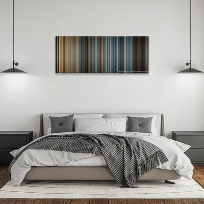The A-Team color palette canvas above a bed, between two black pendant lamps