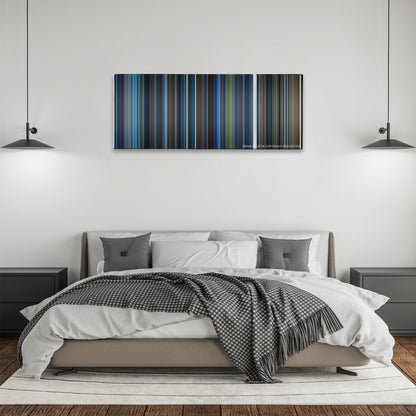 Blade color palette canvas above a bed, between two black pendant lamps