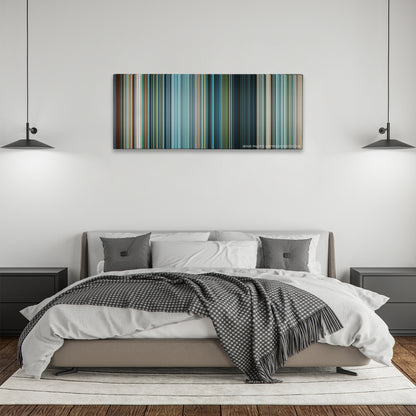 Battleship color palette canvas above a bed, between two black pendant lamps