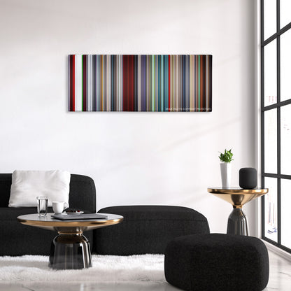 Hardcore Henry color palette canvas above a black sofa with a gold-topped table