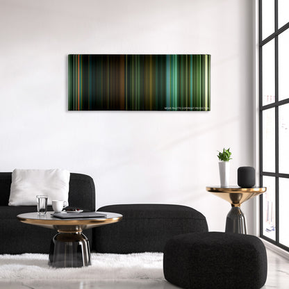 Overlord color palette canvas above a black sofa with a gold-topped table