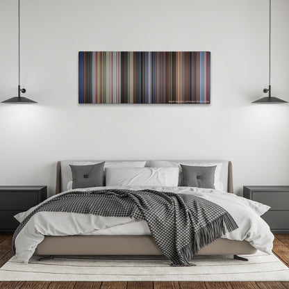 Rush Hour color palette canvas above a bed, between two black pendant lamps