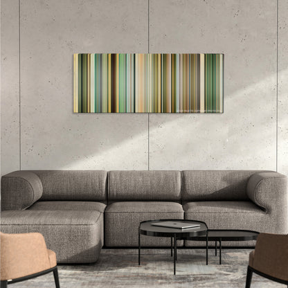 You Don't Mess with the Zohan color palette canvas on a concrete wall above a gray sectional sofa
