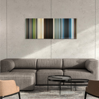 Jumanji: The Next Level color palette canvas on a concrete wall above a gray sectional sofa
