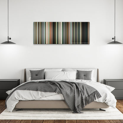 Widows color palette canvas above a bed, between two black pendant lamps