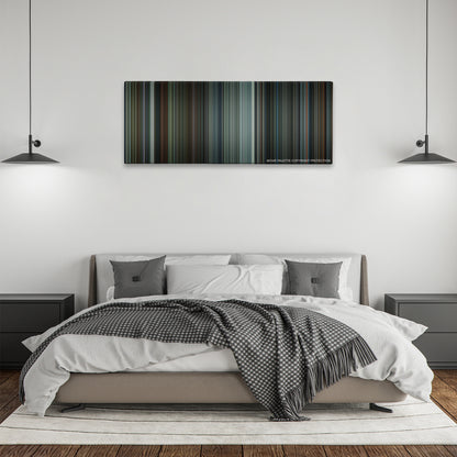 Total Recall color palette canvas above a bed, between two black pendant lamps