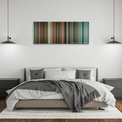 The Reader color palette canvas above a bed, between two black pendant lamps