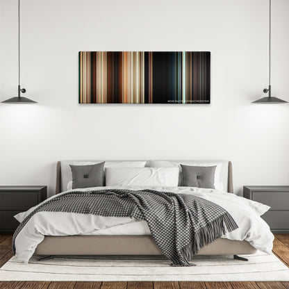 Monsters color palette canvas above a bed, between two black pendant lamps