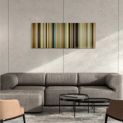 The Magnificent Seven color palette canvas on a concrete wall above a gray sectional sofa