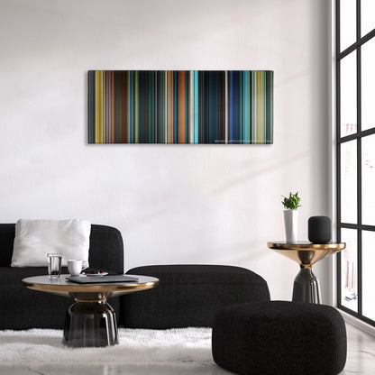The Lord of the Rings: The Fellowship of the Ring color palette canvas above a black sofa with a gold-topped table