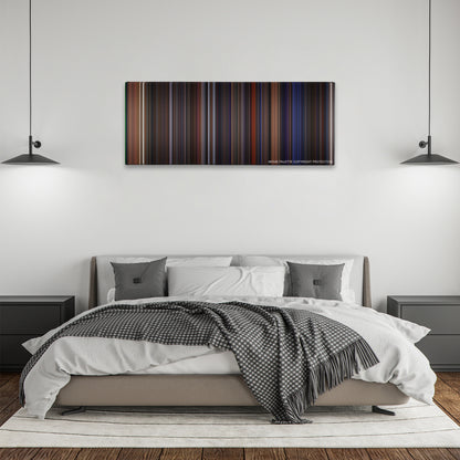Das Boot color palette canvas above a bed, between two black pendant lamps