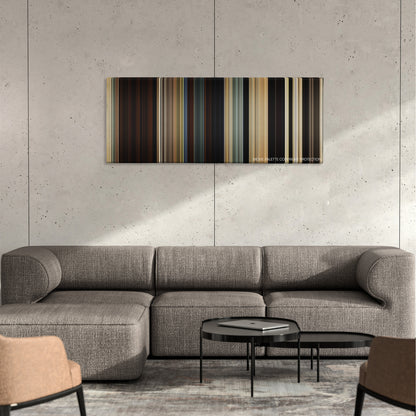 Bone Tomahawk color palette canvas on a concrete wall above a gray sectional sofa
