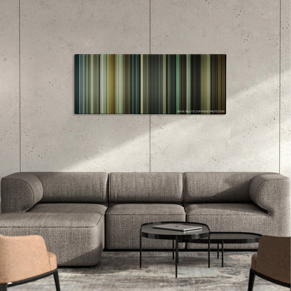 A Cure for Wellness color palette canvas on a concrete wall above a gray sectional sofa