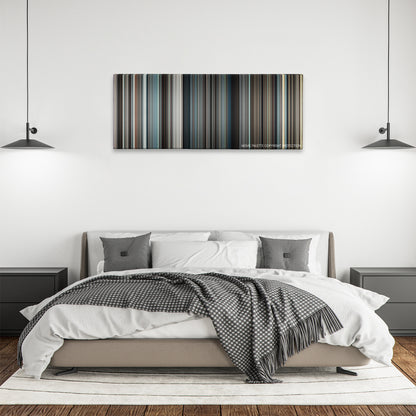Concussion color palette canvas above a bed, between two black pendant lamps