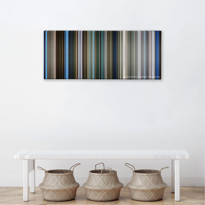 Skyline color palette canvas above a white bench with three woven baskets