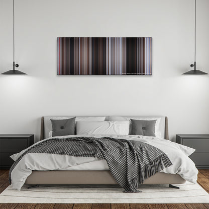 For a Few Dollars More color palette canvas above a bed, between two black pendant lamps