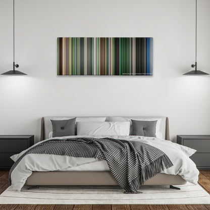 Dawn of the Dead color palette canvas above a bed, between two black pendant lamps