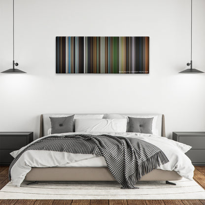 Elektra color palette canvas above a bed, between two black pendant lamps