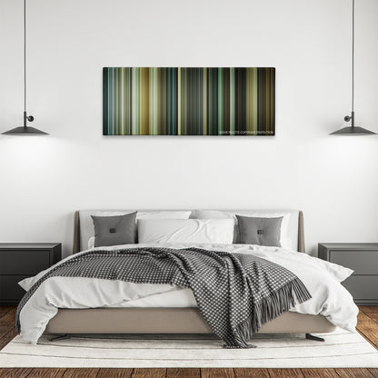 A Cure for Wellness color palette canvas above a bed, between two black pendant lamps