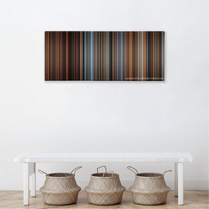 Malcolm X color palette canvas above a white bench with three woven baskets