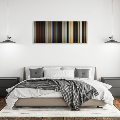 Bone Tomahawk color palette canvas above a bed, between two black pendant lamps