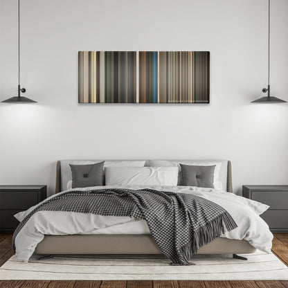 RocknRolla color palette canvas above a bed, between two black pendant lamps