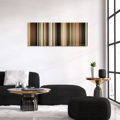 Palm Springs color palette canvas above a black sofa with a gold-topped table