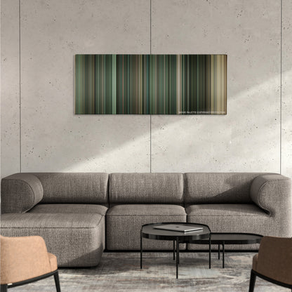 The Taking of Pelham 123 color palette canvas on a concrete wall above a gray sectional sofa