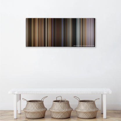 Bohemian Rhapsody color palette canvas above a white bench with three woven baskets