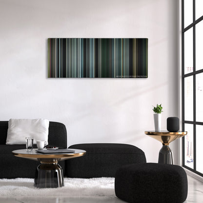 The Orphanage color palette canvas above a black sofa with a gold-topped table