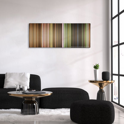 The Wizard of Oz color palette canvas above a black sofa with a gold-topped table
