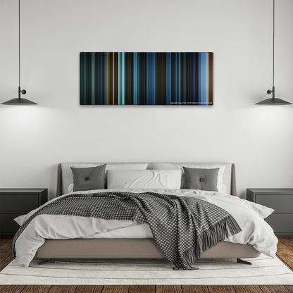 War for the Planet of the Apes color palette canvas above a bed, between two black pendant lamps